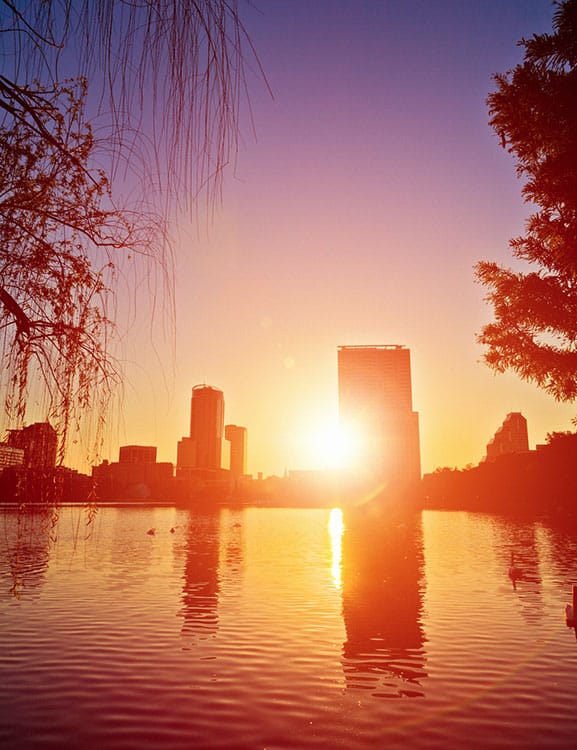 Sunrise over Orlando skyline at Lake Eola