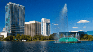 Downtown Orlando's Lake Eola with water fountain.