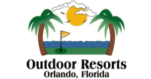 Outdoor Orlando Resorts logo overlooking the water and palm trees